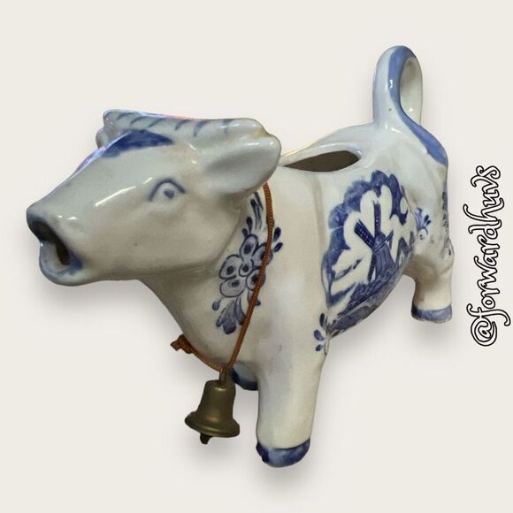 Blue & White Windmill Delft Cow Creamer with Bell - Picture 9 of 11